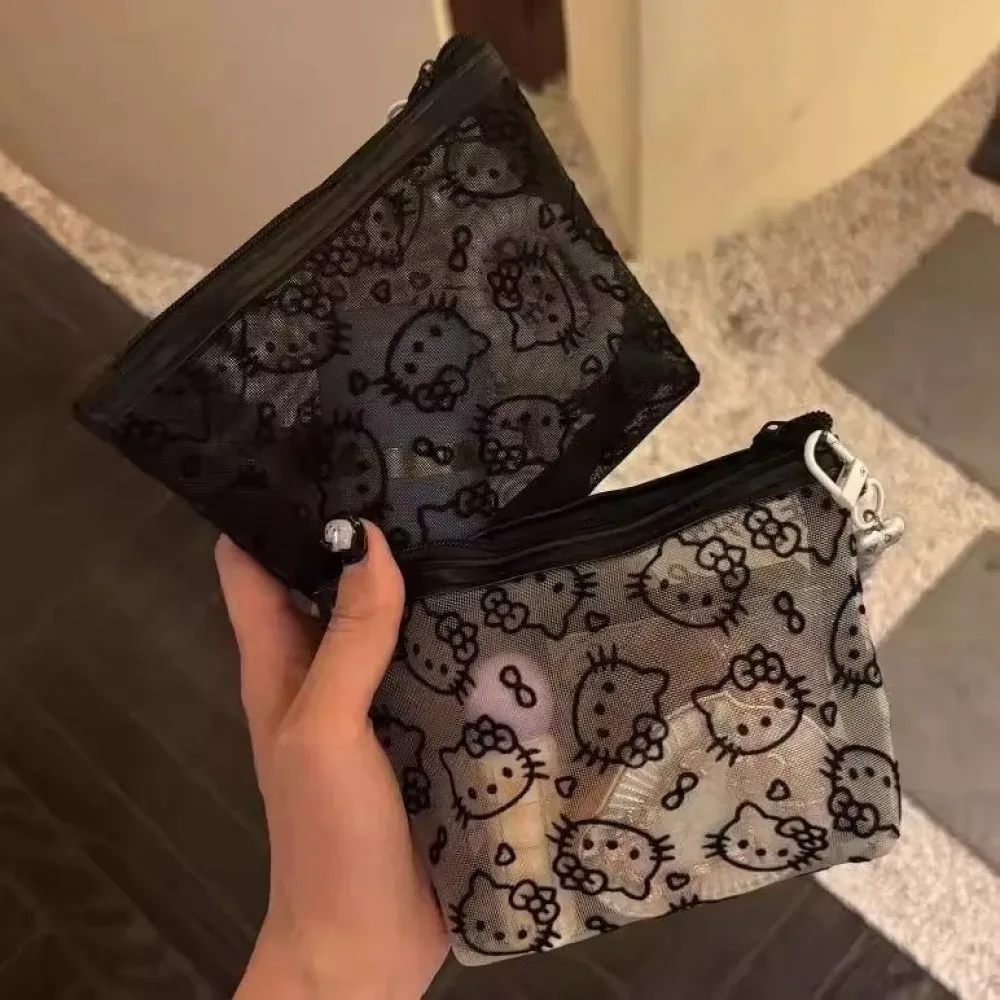 sac de rangement pour chatons, grande capacité, portable, sac à maquillage en maille noire, mignon et résistant à la saleté