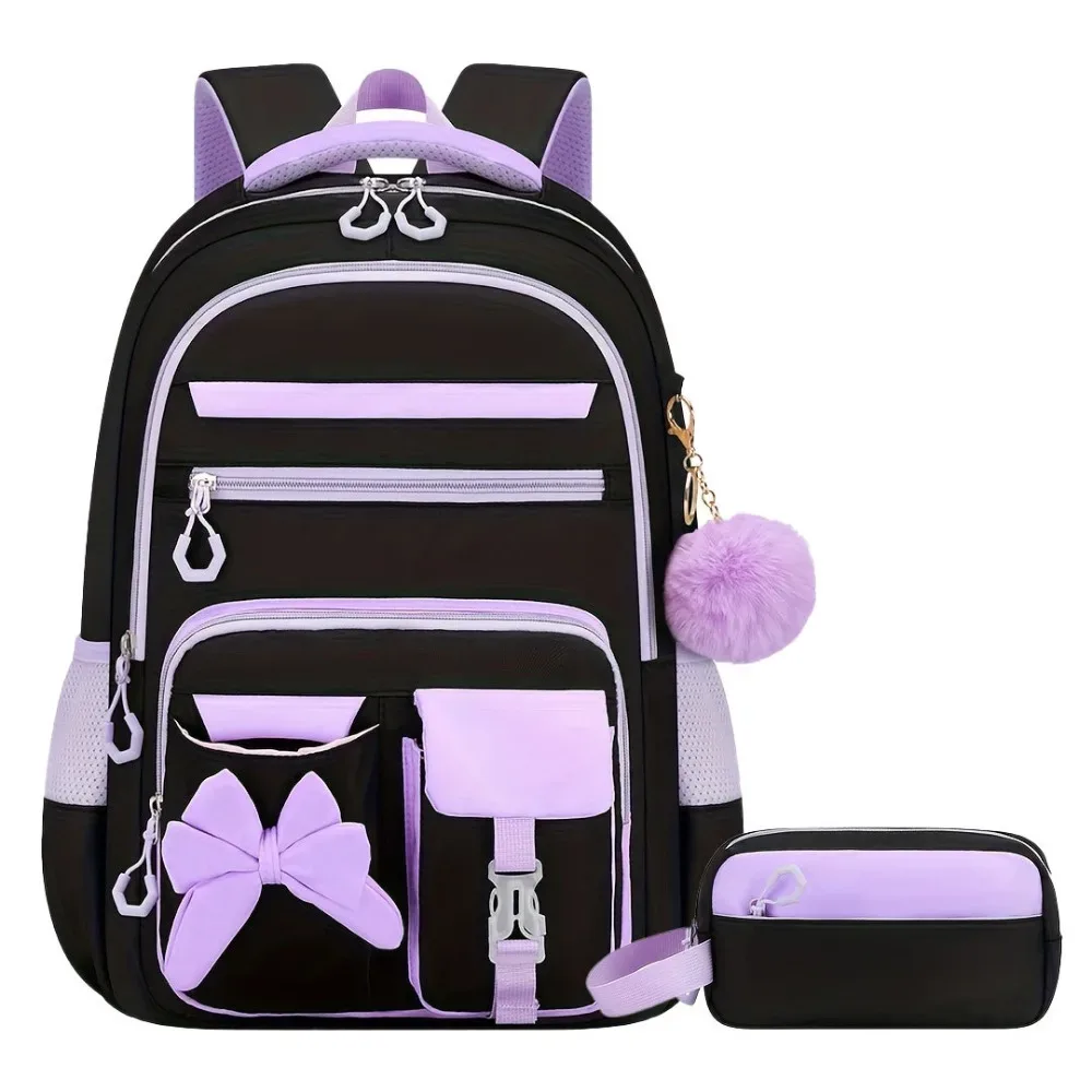 sac dos oxford université noir violet rubans pompons multipoches scolaire pratique grande capacité léger