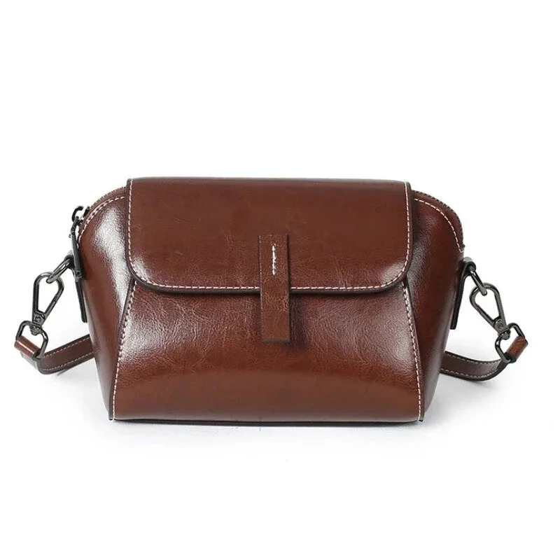 petit sac à bandoulière en cuir véritable de vache ciré à l'huile pour femme, sac à coque polyvalent à la mode, sac décontracté pour téléphone portable