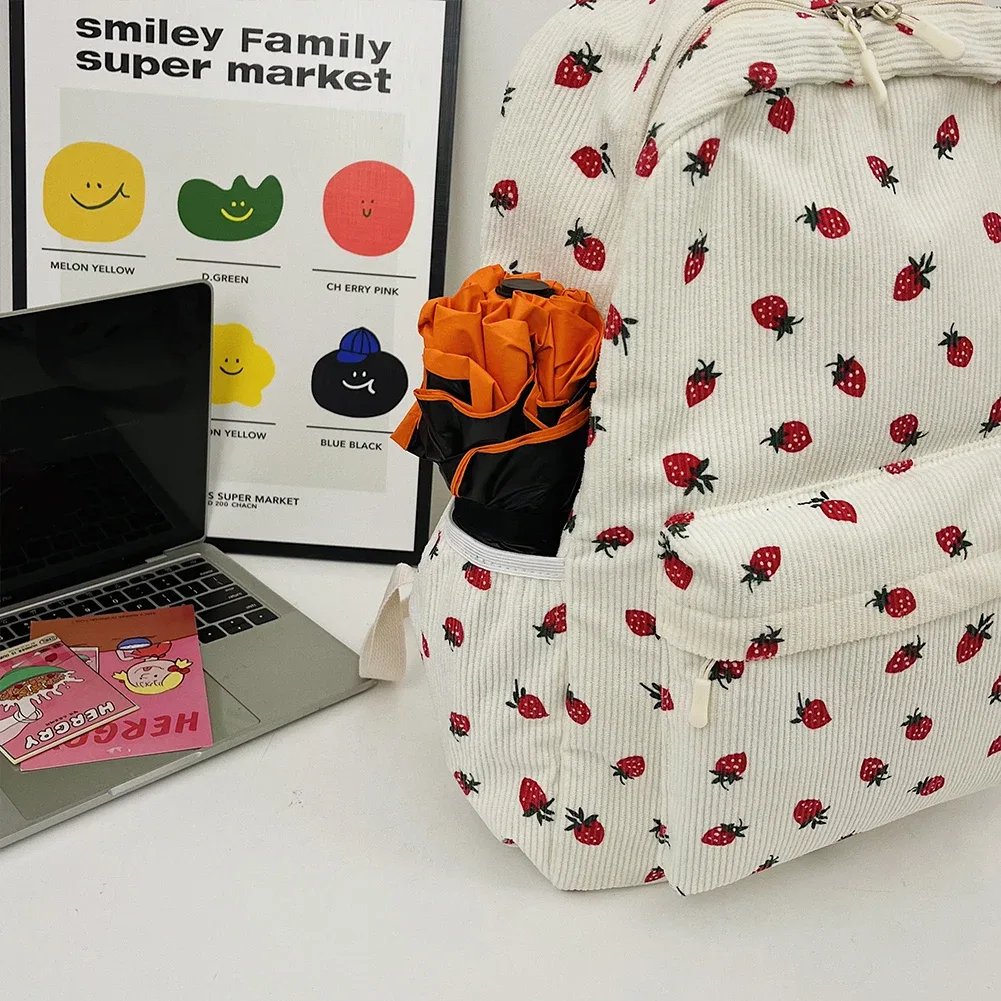 sac à dos en velours côtelé à motif fraise, sac à dos quotidien de grande capacité, sac à livres tendance, multi-poches, sangle réglable pour les voyages en plein air