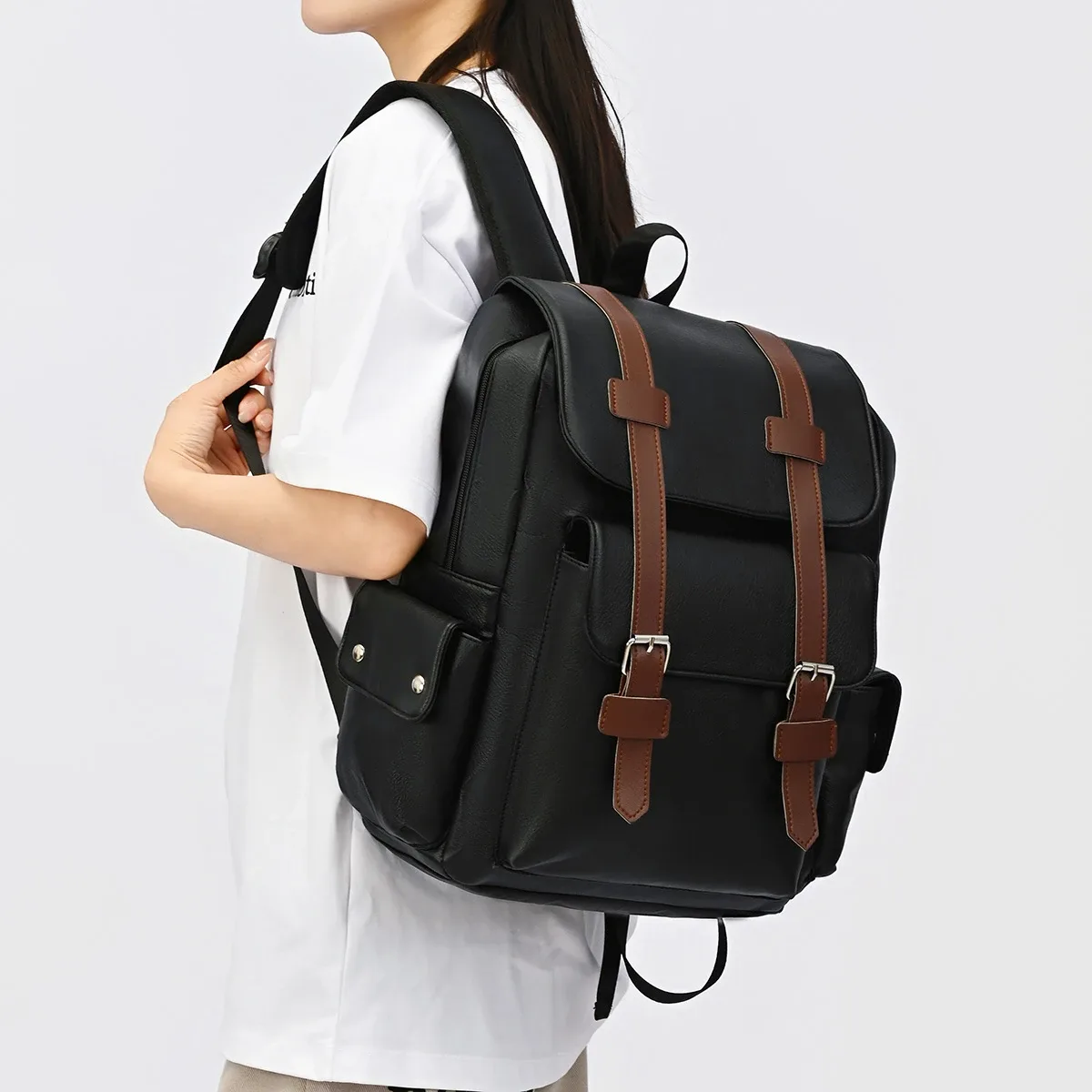 sac à dos rétro à rabat avec boucle, grande capacité, pour étudiants, affaires, ordinateur portable, couple, campus, voyage