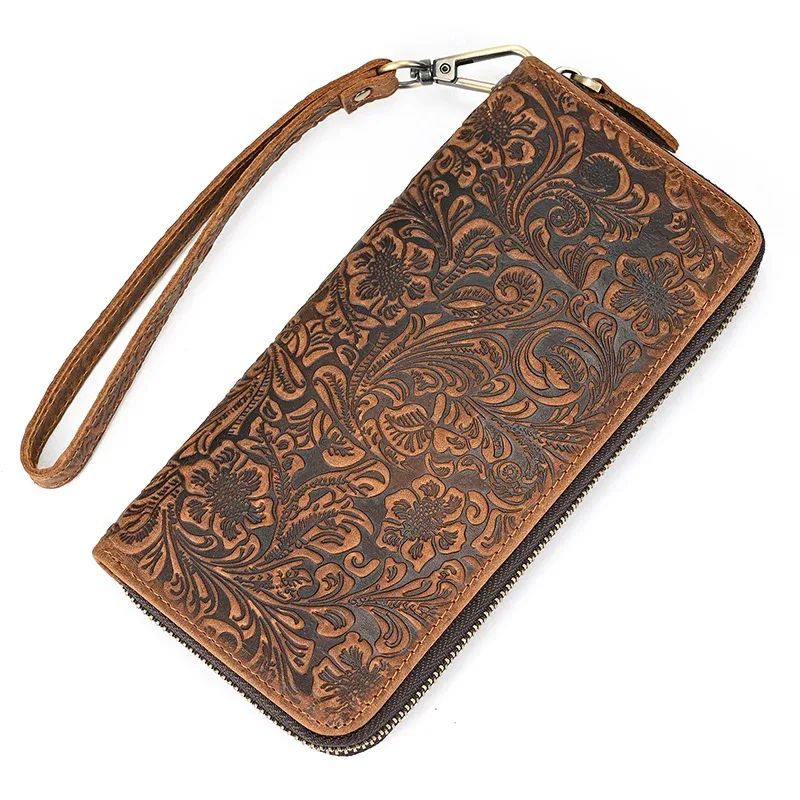 luufan-long sac à main en cuir de cheval vintage pour hommes et femmes, portefeuilles à double fermeture éclair pour carte de crédit, pochette pour homme