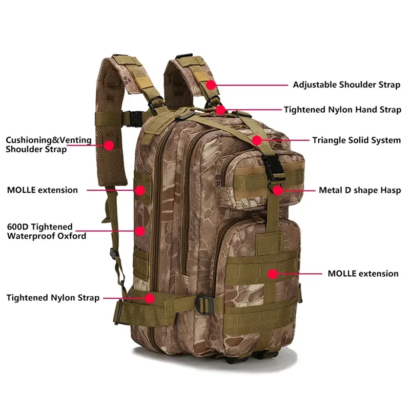 sac à dos tactique classique pour homme, sac de voyage sportif camouflage, sac à dos d'escalade, de chasse, de pêche et de randonnée en nylon, sac 3p