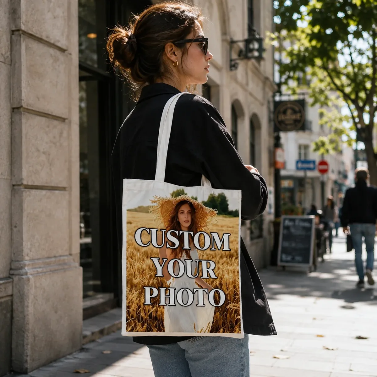 sac fourre-tout personnalisé en toile avec photo, imprimez votre propre image, grande capacité, sac à bandoulière réutilisable, sac de shopping personnalisé ﻿