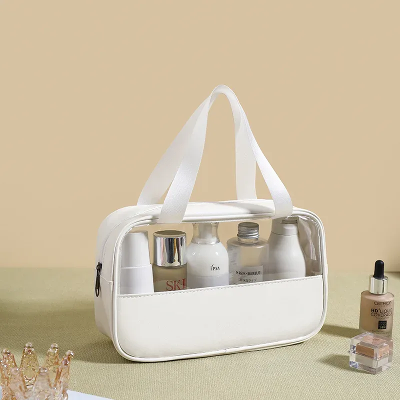 sac à cosmétiques personnalisé avec coutures brodées, sac de bain translucide en pvc de grande capacité, sac de rangement de voyage portable étanche en pu