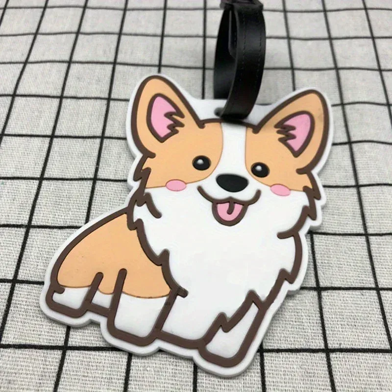 étiquette bagage plastique mignon chien corgi orange blanches roses carton brun anneau noir voyage identification