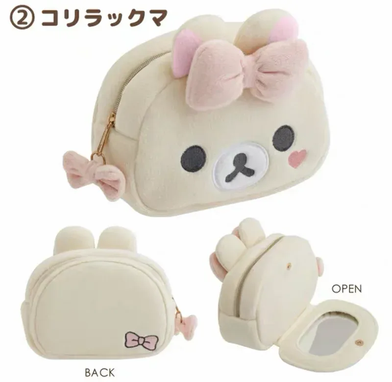 rilakkuma korilakkuma bow sac de maquillage en peluche avec miroir organisateur de rangement anime ours kawaii mignon voyage sac cosmétique pochette