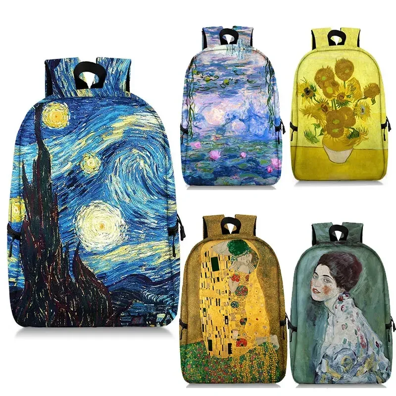 sac à dos peinture à l'huile de claude monet gustability klimt van gogh, cartable de nuit étoilée, baiser de tournesol, cartable de voyage pour femme