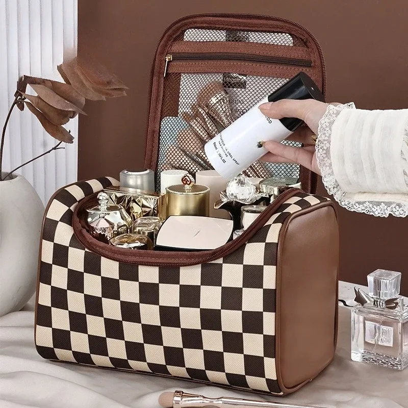 sac de maquillage portable pratique pour voyage, grande capacité, haut de gamme, sac de rangement en pu imperméable, sac de maquillage wj52