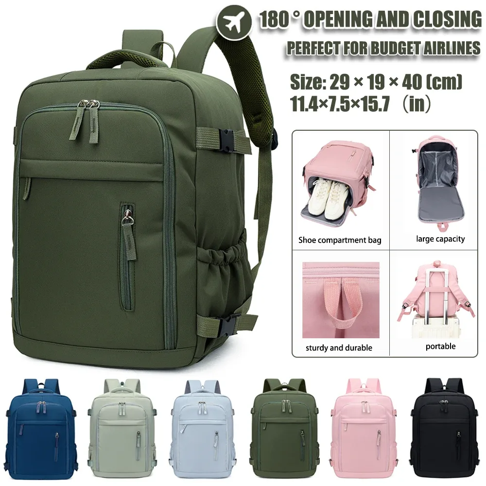 Sac Dos Nylon Rose Pâle Bandes Noires Forme Trapézoïdale Ouverture Large Fermeture Facile Poches Latérales Tissu Résistant Voyage Déplacement Professionnel