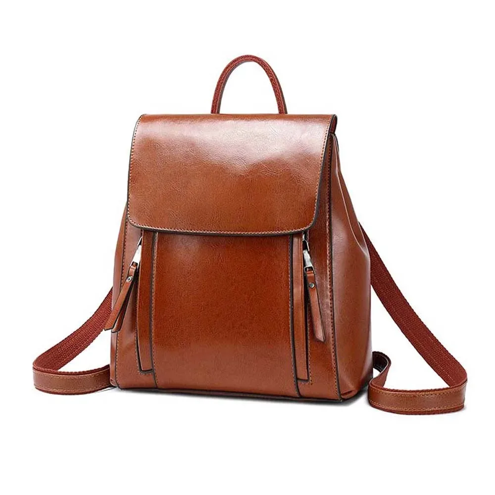 sac à dos rétro en cuir pour femmes, imperméable, grande capacité, en cuir ciré, couleur unie, avec boucle magnétique antivol, sac de voyage