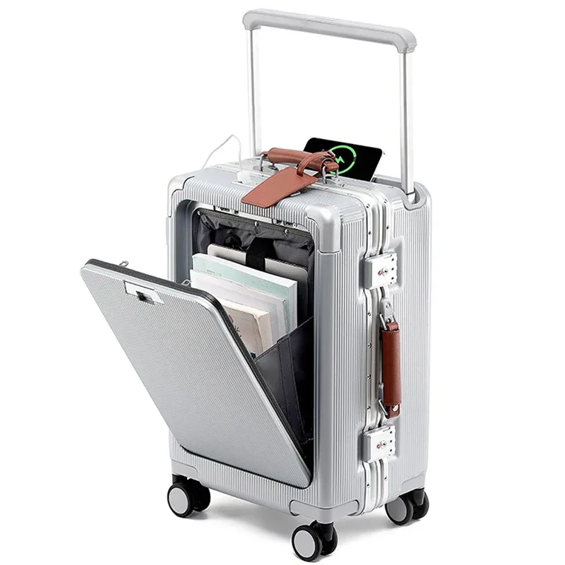 valise à roulettes de voyage d'affaires multifonctionnelle avec cadre en aluminium à ouverture frontale de 20 pouces, serrure à combinaison et poignée télescopique large
