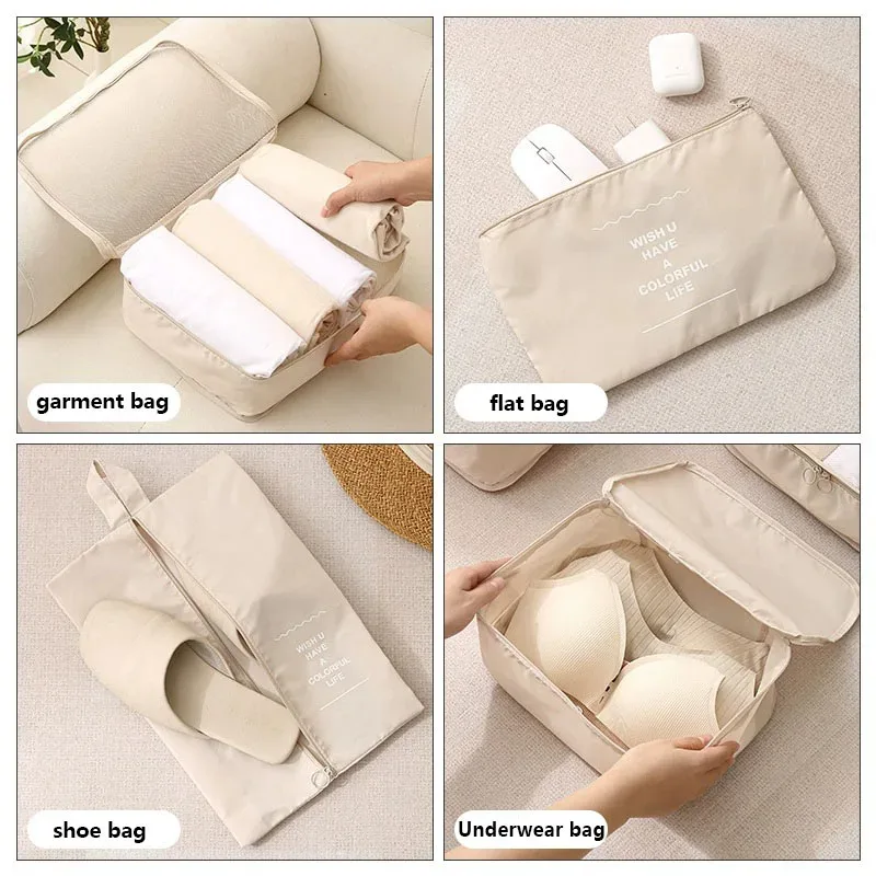 organisateur voyage polyester beige clair cube rangement pliable sac accessoires vêtements chaussures tranches bandes noires fonctionnel
