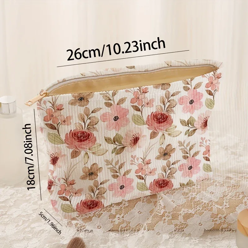 pochette de maquillage chic en velours côtelé à motif de roses - pochette cosmétique légère à fermeture éclair avec doublure pour articles de toilette et accessoires pour femmes