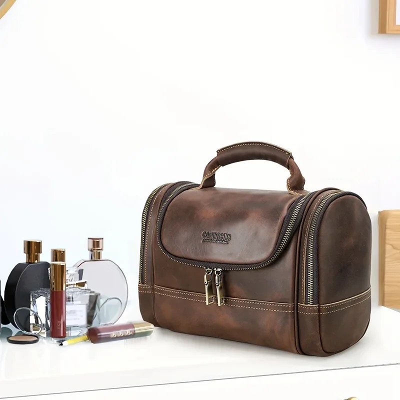 contact's-sac à cosmétiques en cuir véritable pour hommes, trousses de toilette de voyage, sac de lavage de maquillage à poignée supérieure, sac de créateur, capacité d'évaluation