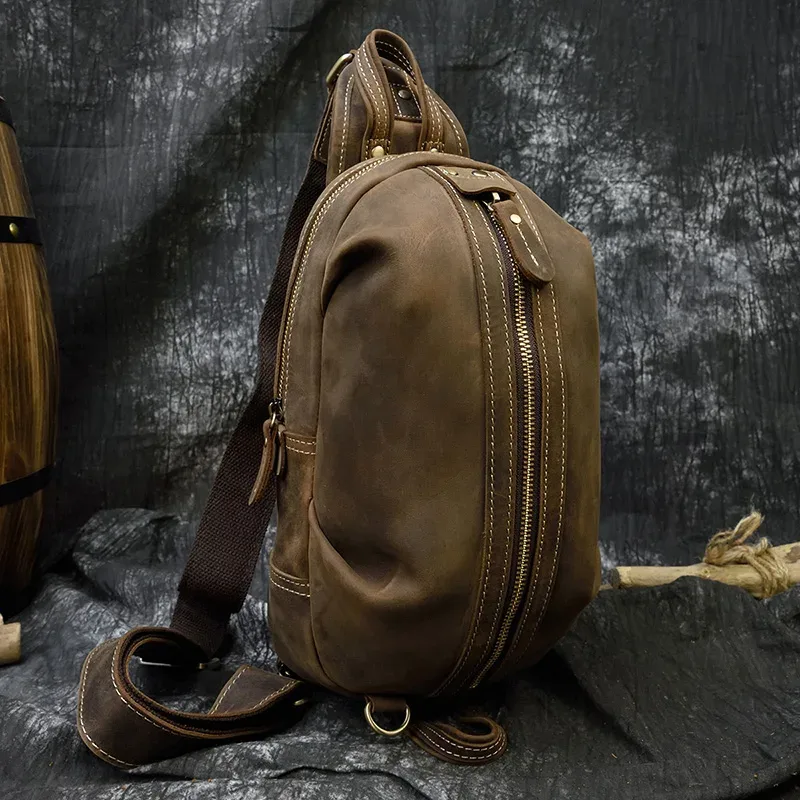 sac à dos en cuir de cheval fou pour hommes, petit sac de poitrine décontracté, sac de voyage vintage en cuir de vache, sac à bandoulière en cuir de vache