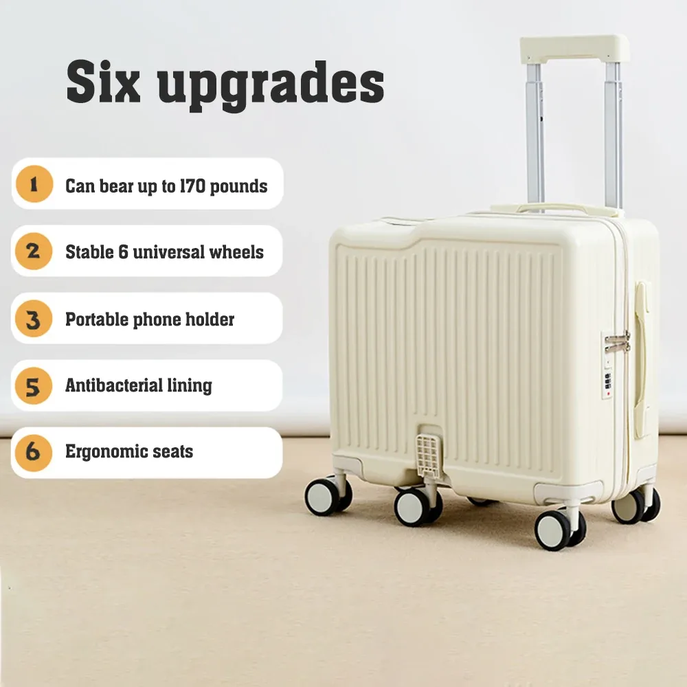 valise à roulettes 18 pouces, bagage cabine portable, 6 roues, fermeture éclair, verrouillable, avec siège intégré pour enfants