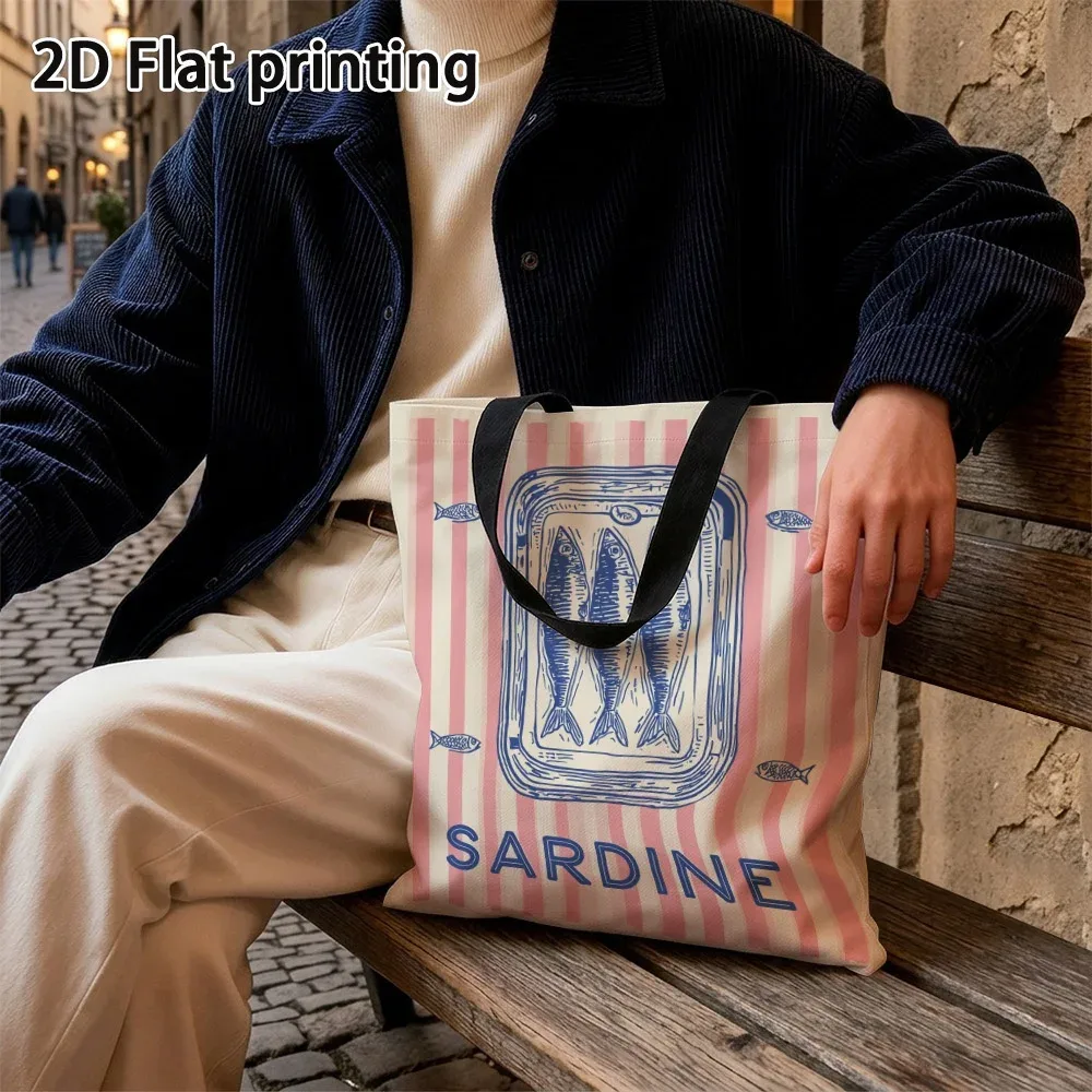 sac fourre-tout au design rétro vibrant motif sardine, sacs d'épicerie légers et réutilisables avec bretelles fixes, pour le shopping et l'usage quotidien