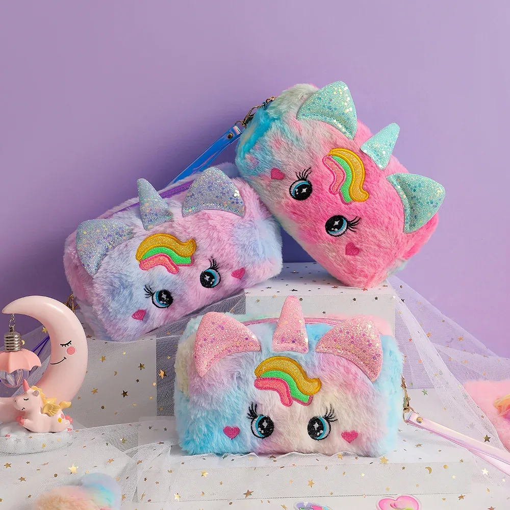 Trousse Toilette Velours Licorne Rose Bleu Blanc Design Mignon Ovale Transport Fille Étudiante Cosmétique Maquillage