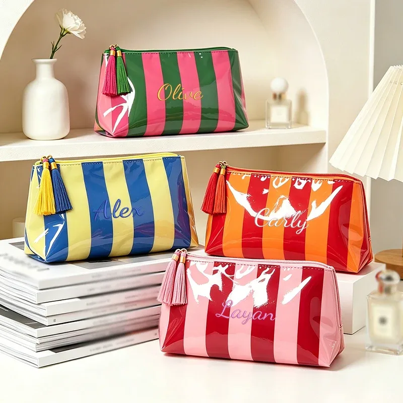 broderie personnalisée/2 options de style standard, pochette rayée, trousse de maquillage à fermeture éclair avec pompon délicat, saison rentrée scolaire, cadeau
