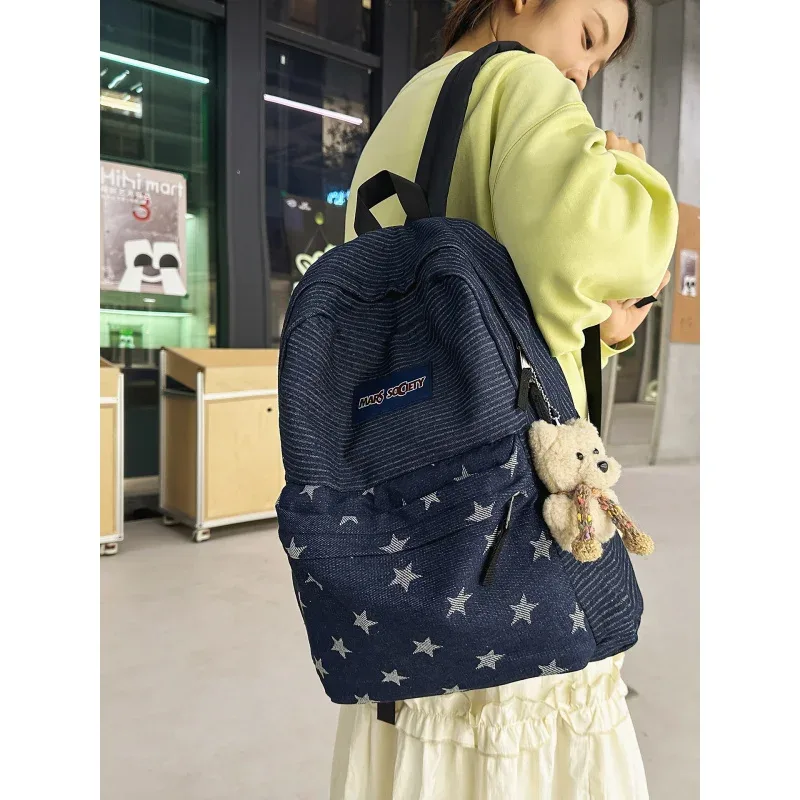 sac à dos en jean de style coréen avec rayures et étoiles colorées, adapté aux étudiantes, polyvalent pour les trajets quotidiens