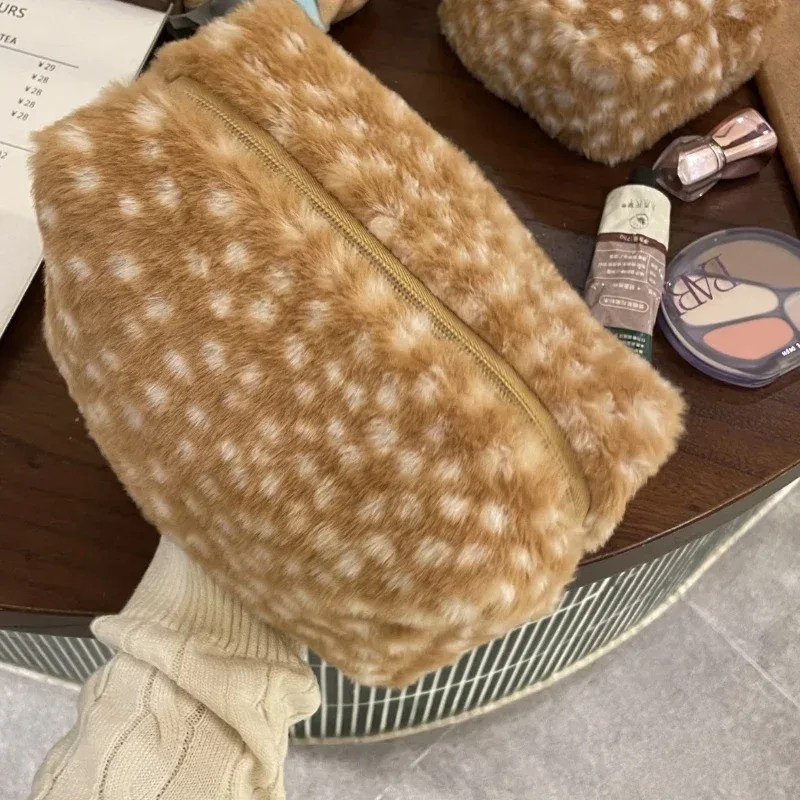 Sac de rangement pour maquillage, pochette de rangement pour cosmétiques en peluche moelleuse à imprimé léopard, trousse de toilette pour femme automne/hiver, pochette de soirée