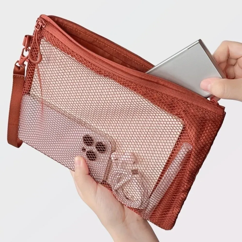 sac de rangement en maille légère avec fermeture éclair, sac à cosmétiques de couleur unie, pochette de maquillage multifonctionnelle en polyester, rangement de maquillage