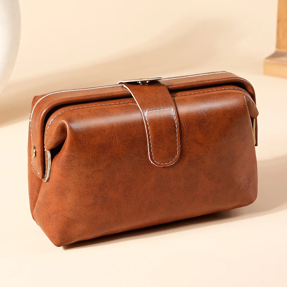 sac à cosmétiques en cuir pu pour femmes, grande capacité, étanche, trousse de maquillage vintage, couleur unie, sac de rangement pour cosmétiques, porte-monnaie