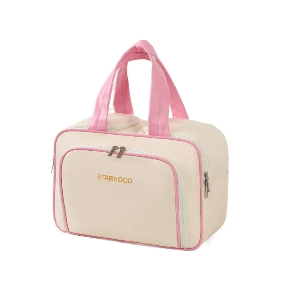 trousse de toilette de voyage de grande capacité, organisateur de maquillage léger en pu, plusieurs compartiments, poignée, mallette de rangement de voyage, salle de bain