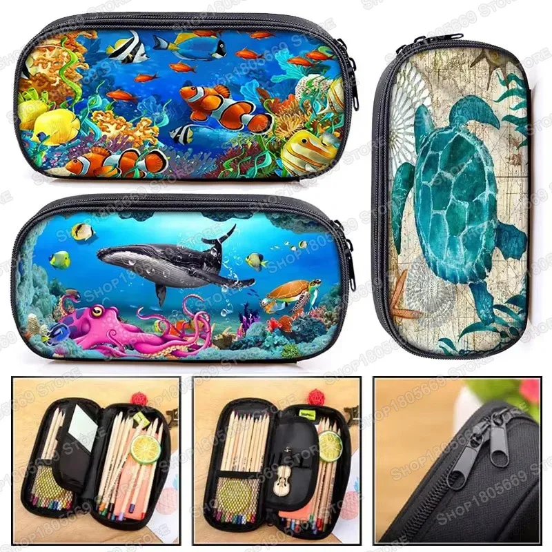Trousse à cosmétiques, Animal de mer, tortue, baleine, requin, dauphin, poulpe, trousse d'école pour filles, boîte à crayons, sacs de papeterie mignons, cadeau