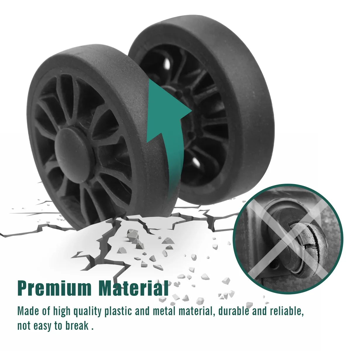 roues remplacement plastique noires motif radial douze rayons format cinquante millimètres usage réparation valises voyage