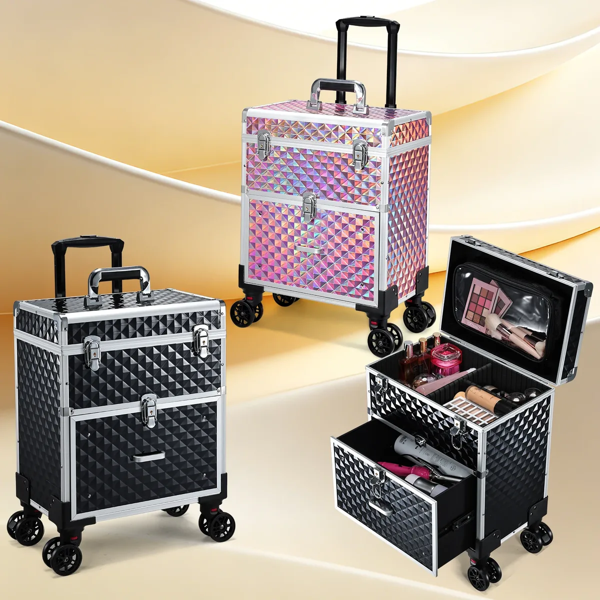 Mallette de maquillage professionnelle à roulettes, chariot avec tiroir, mallette de rangement pour cosmétiques, grande mallette de cosmétologie, sac détachable