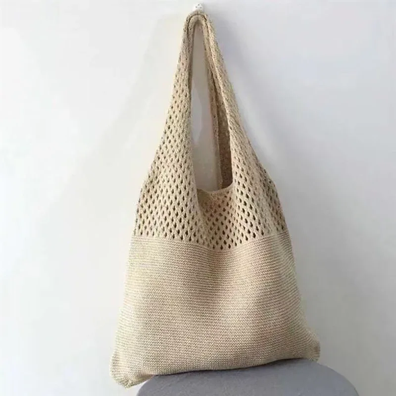 sac de rangement portable en fil tricoté style rétro, grande capacité, sac à bandoulière décontracté, sac de shopping, sac fourre-tout pratique, sac à main