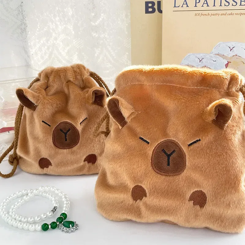 sac de rangement portable à cordon, cadeaux, mignon dessin animé capybara kawaii, pochette cosmétique, sacs de rangement en peluche capybara de grande capacité