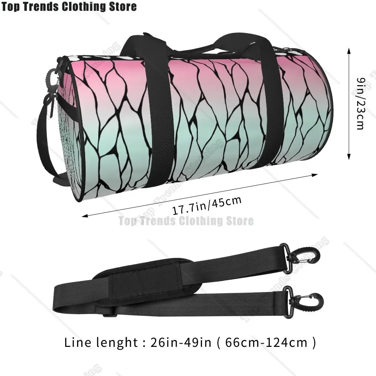 sac voyage polyester motif lignes noires couleurs pastel rose vert bleu poignée bandoulière supérieure ajustable format sport rond usage week-end fitness