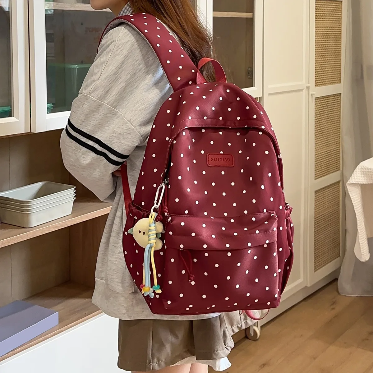sac à dos pour ordinateur portable en nylon à pois, sac d'école pour étudiante, avec pendentif, sac de voyage et de shopping, sacoche pour ordinateur