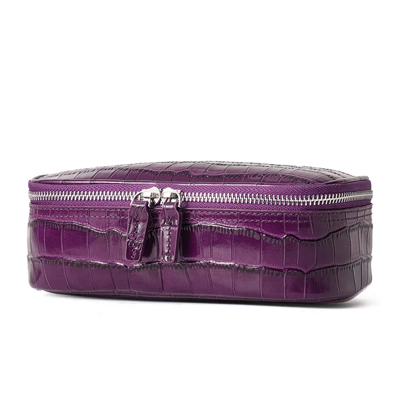 sac cosmétique pour femme en cuir croco violet, trousse de toilette de voyage en cuir brillant avec poignée, idéal pour les voyages et l'usage quotidien