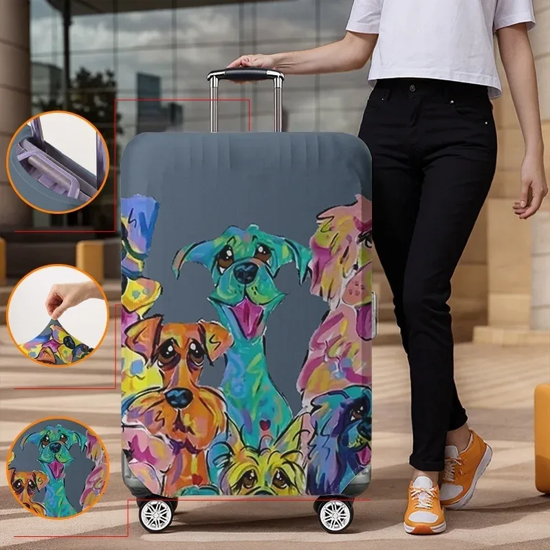 housse de protection pour bagages à motif de chien mignon et graffiti coloré, adaptée aux housses de bagages de 18 à 32 pouces, gants de protection pour poignée de bagage, trav