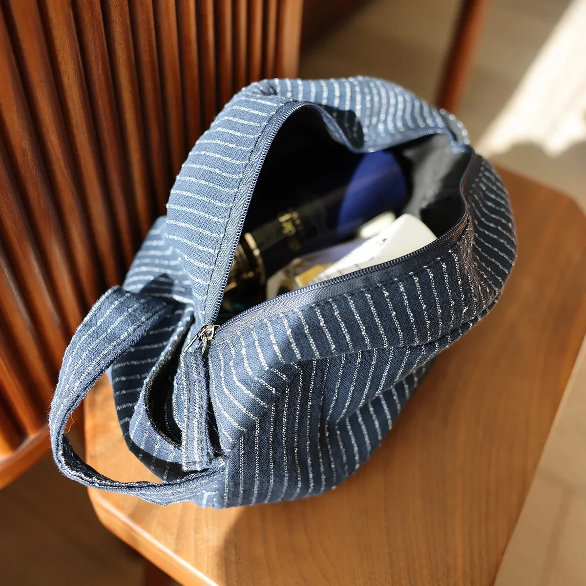 sac cosmétique portable à rayures classiques, grande capacité, coton, tissu de lin, fermeture éclair sombre, soins de la peau, voyage, rangement portable