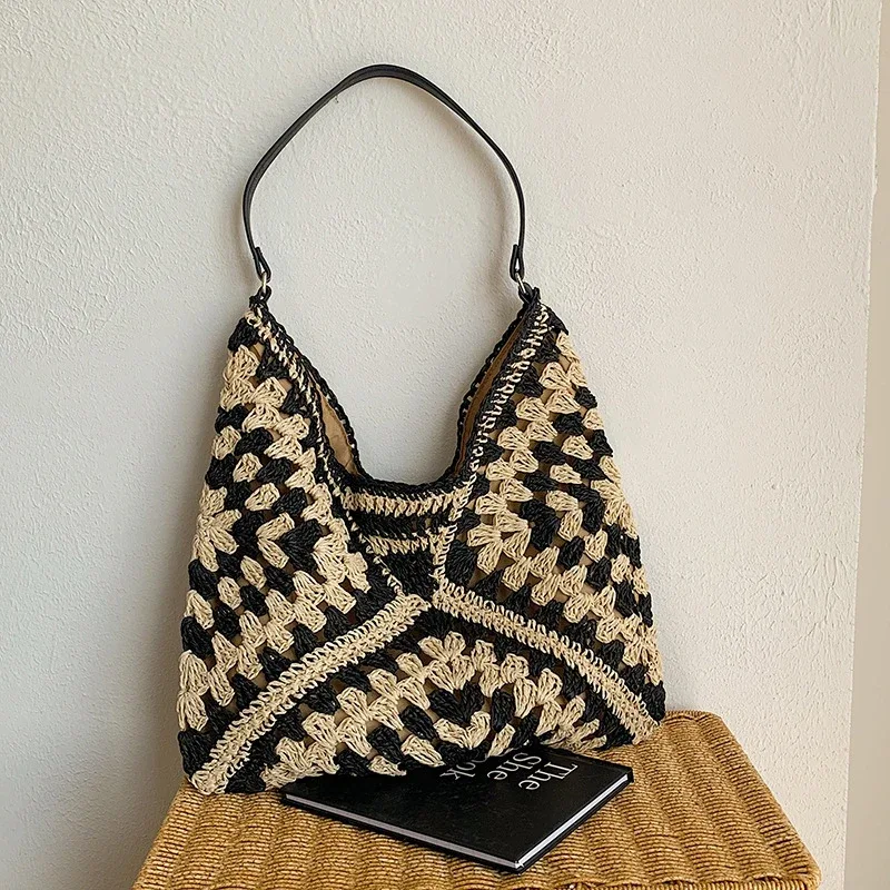 sac à bandoulière en paille tissé pour femmes populaires, sac à main de taille moyenne avec poignée pour les vacances à la plage