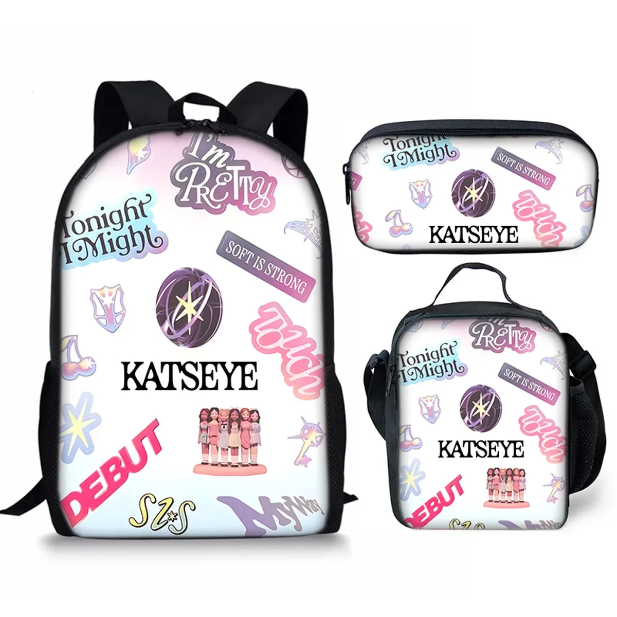 sac à dos scolaire classique populaire kpop katseye imprimé 3d, ensemble de 3 pièces, sac à dos pour ordinateur portable, sac à déjeuner, trousse à crayons
