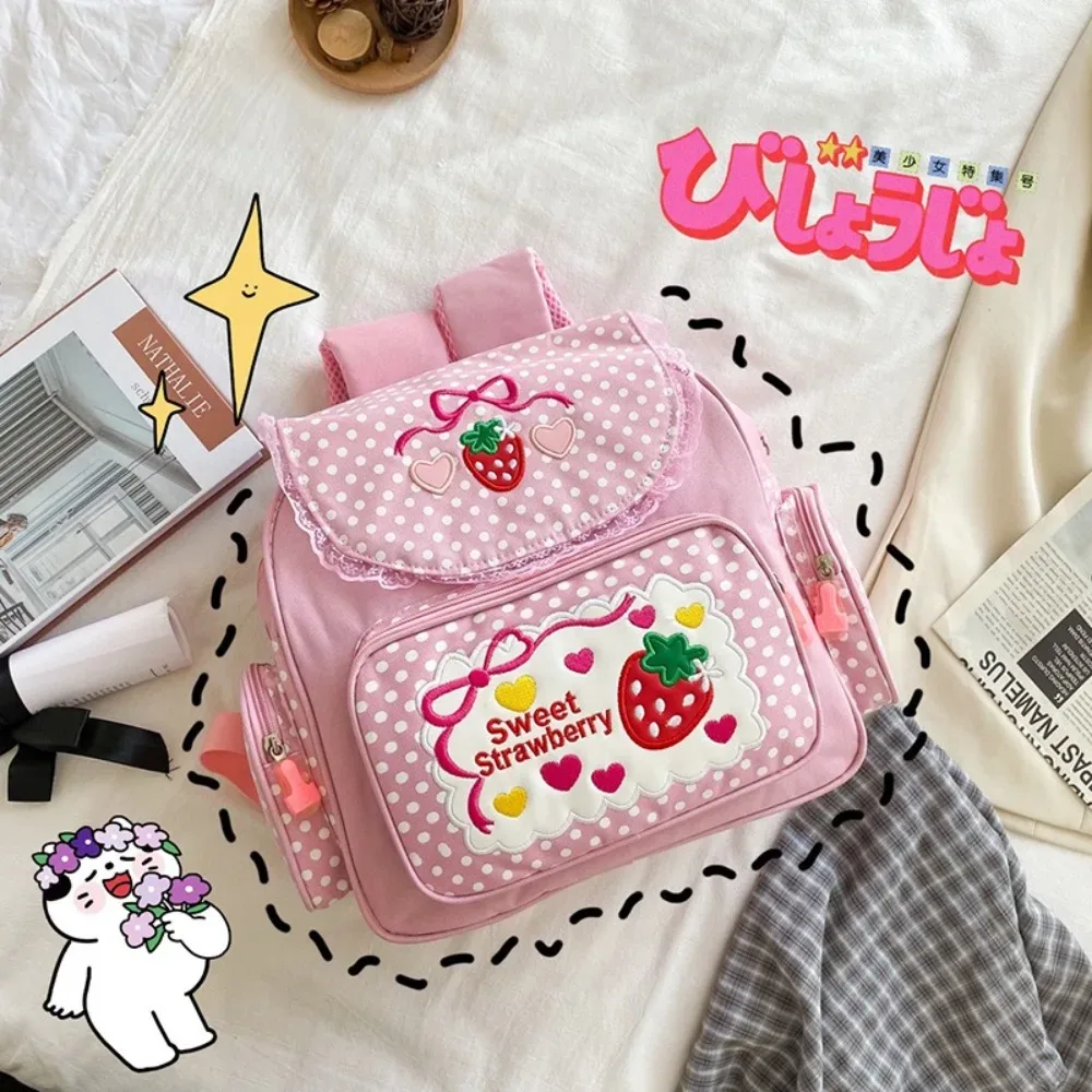 sac à dos scolaire pour fille, motif fraise de dessin animé, avec nœud et pois, multi-poches, sac à dos pour étudiante et adolescente