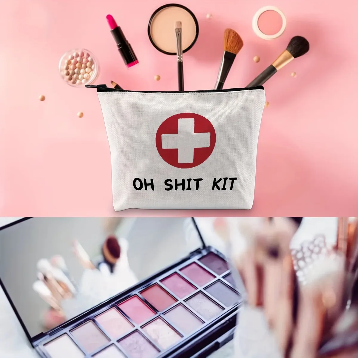 trousse à cosmétiques de premiers secours, couleur rouge et naturelle unisexe pour adultes, pochette de toilette de voyage d'urgence imprimée avec positionnement "oh shit kit"