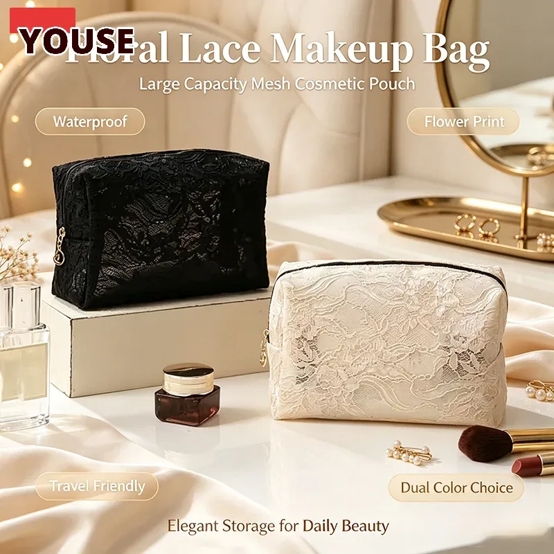 sac de maquillage en dentelle pour femmes, grande capacité, organisateur de cosmétiques et de bijoux, sac de toilette carré portable à fermeture éclair