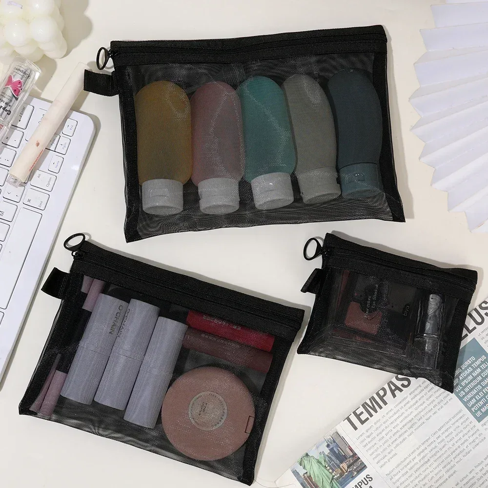 sacs cosmétiques en maille transparente, petits et grands, noirs, trousse de maquillage portable, organiseur de voyage, pochette de rangement pour rouge à lèvres, 1/3 pièces