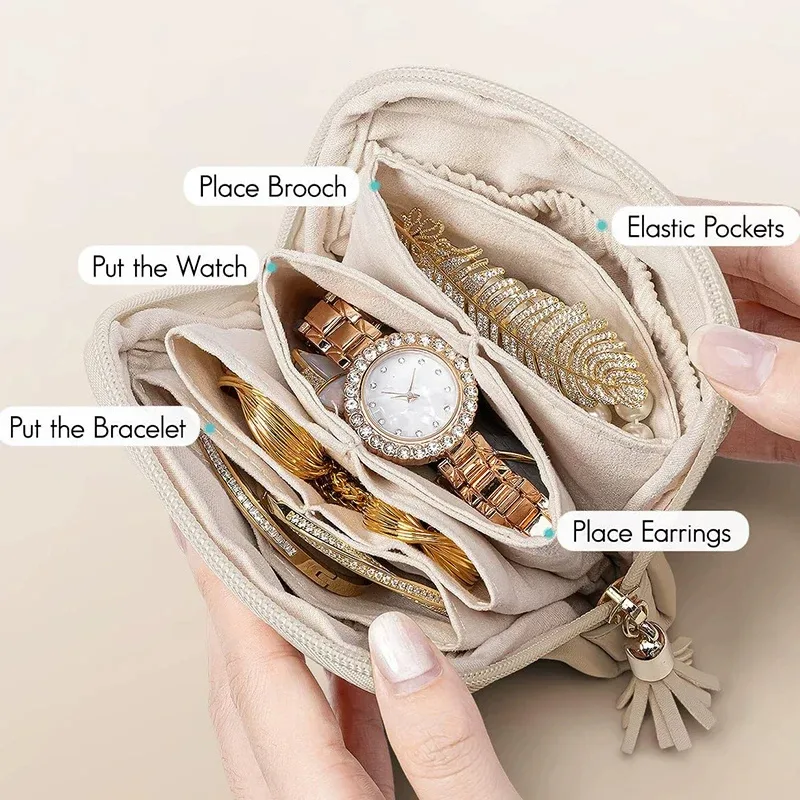 sac de rangement portable en pu pour bijoux, pochette multi-tringles à cordon, étui de voyage zippé pour colliers, bracelets et boucles d'oreilles