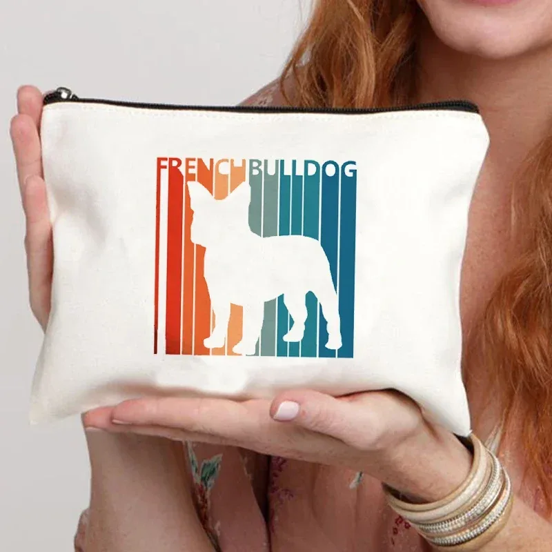 trousse de maquillage en toile pour femme, trousse de toilette, valise professionnelle, impression de dessin animé, bouledogue français, drôle