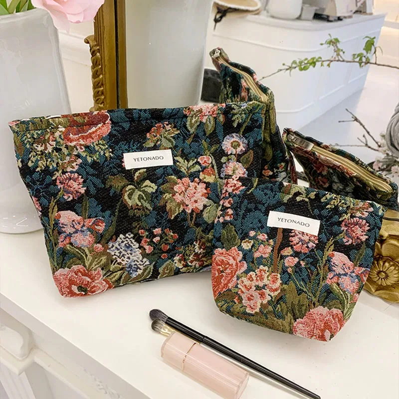 ins style vintage fleurs sac cosmétique portable main sac cosmétique voyage trousse de toilette sac de rangement outils de maquillage pochette de rangement