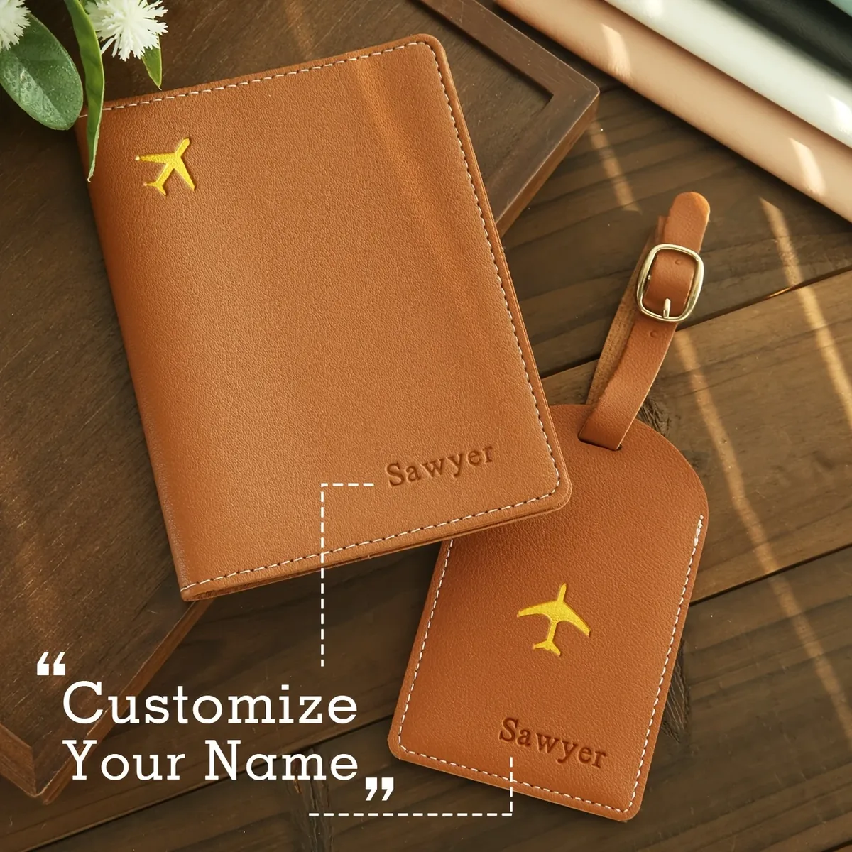 porte-passeport personnalisé en cuir artificiel avec nom personnalisé, étiquette de bagage légère et pliable, idéale pour les sorties et les cadeaux de voyage