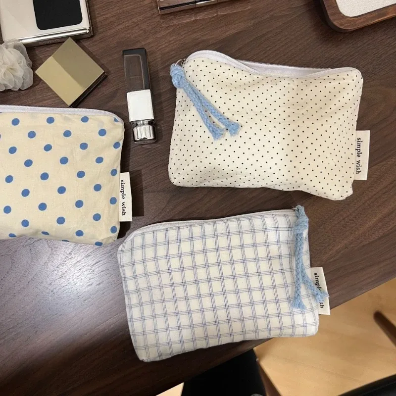 sac de maquillage portable pour femmes, organiseur de cosmétiques bleu à carreaux, portefeuille mignon, mini sac de rangement pour rouge à lèvres
